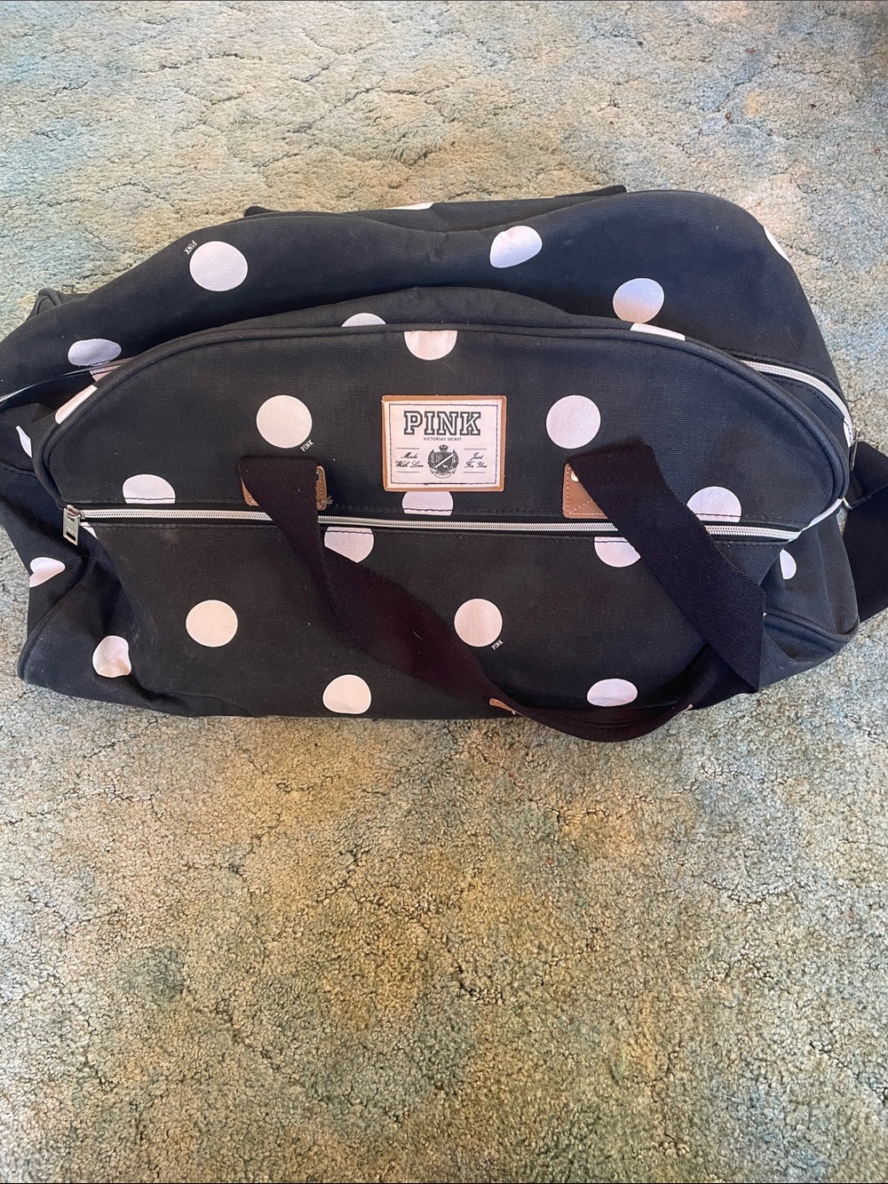 PINK Victoria's Secret Black and White Polka Dot Canvas Duffle